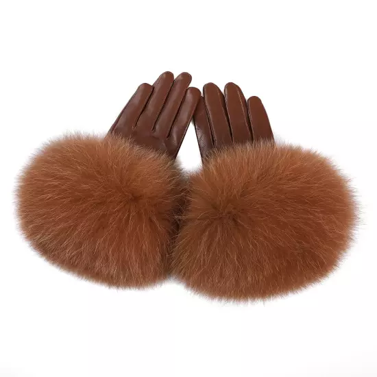 Women Genuine Lambskin Leather Gloves With Real Fox Fur Trim Cuff Winter Warm