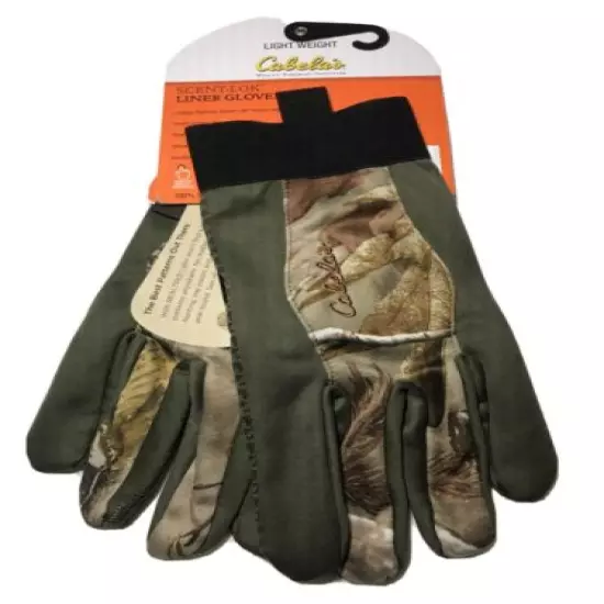 CABELA’S MENS SCENT LOK LIGHT WEIGHT TOUCH SCREEN GLOVE REAL TREE CAMO LG