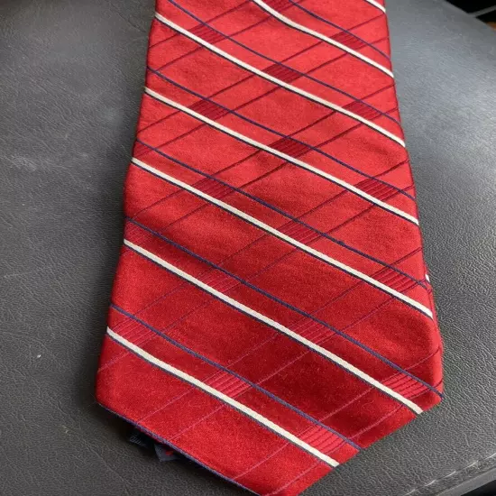 Tommy Hilfiger Mens Tie Dark Red Blue Striped 100% Silk