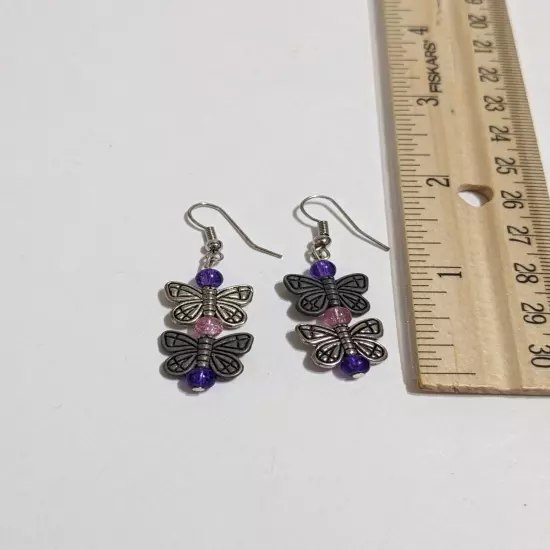 Silver Tone Hook/Dangle Butterfly Earrings With Acrylic Beads. Etched. Modern. 