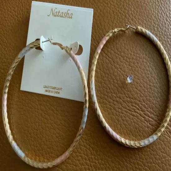 Natasha large size medweight hoop earrings gold silver tone 3” diameter NWT