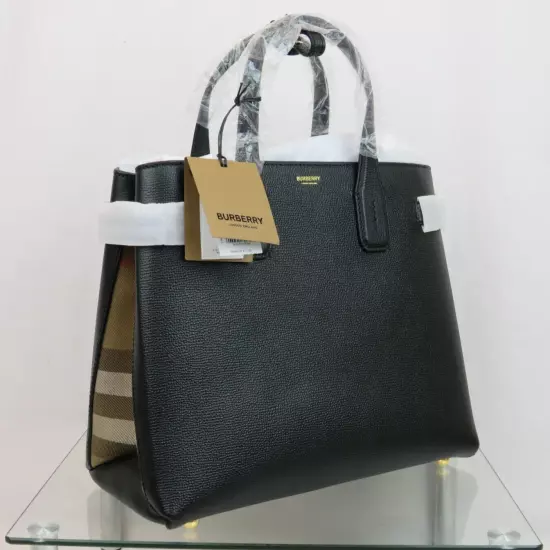 $1790 BURBERRY MD BANNER BLACK LEATHER CHECK CANVAS SHOULDER MEDIUM TOTE BAG