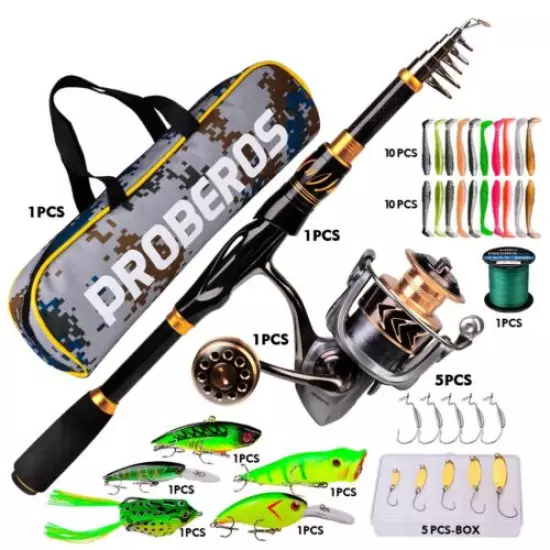 Telescopic Fishing Rod Spinning Pole Reel Combo Full Kit With 100M Line & Bag