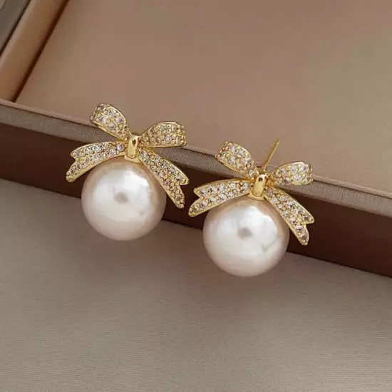 1Pair Vintage Bow Stud Earrings Rhinestone Pearl Bowknot Earrings Jewelry Gifts