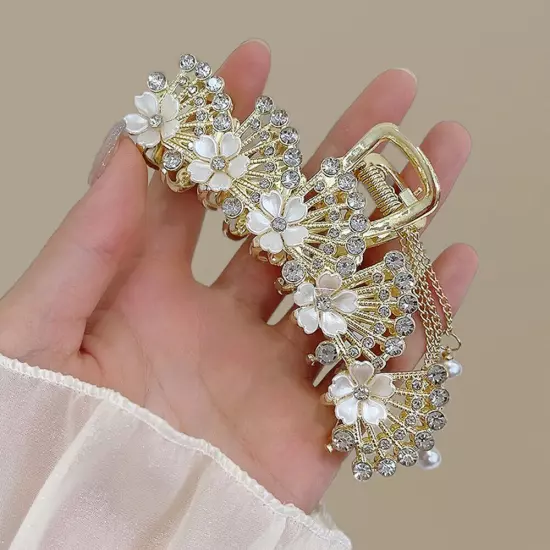 Large Rhinestone Hair Claw Pearl Flower Tassels Fan-shaped Metal Ponytail Clip