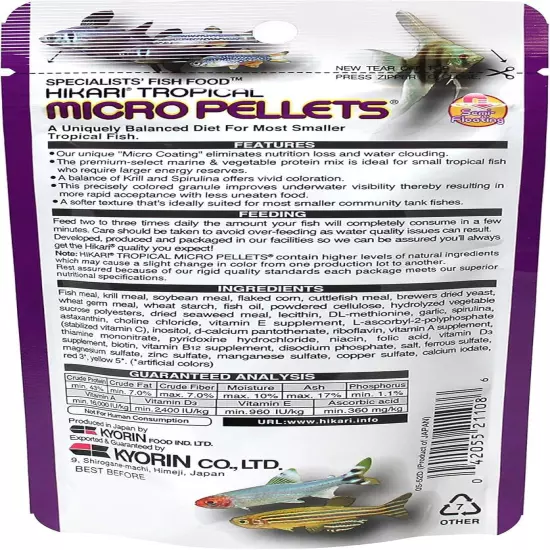 Hikari Tropical Semi-Floating Micro Pellets Fish Food, 0.77 Oz (22g)