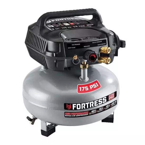 FORTRESS 6 Gallon, 175 PSI High Performance OilFree Pancake Jobsite AirCompresor