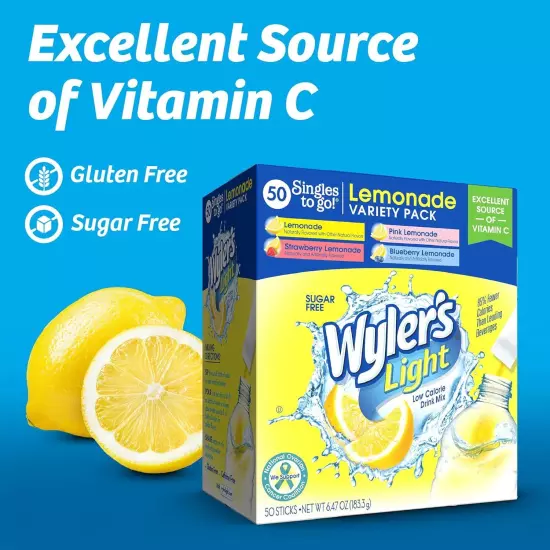 Wyler's Light Lemonade Variety Pack 5.17 Oz, 40 Sticks; Fresh New, Free Shipping