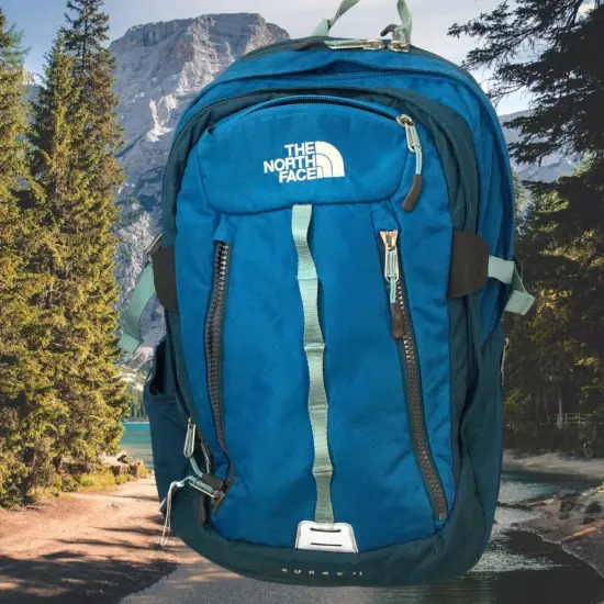 The North Face Surge II Blue Backpack Multi Compartment Bottle Holder Travel 