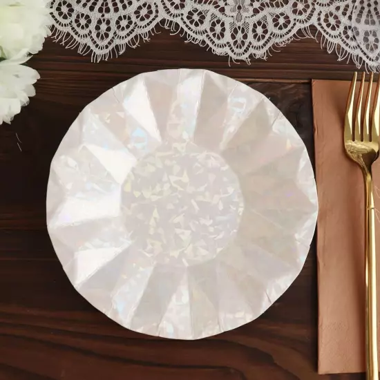 25 Pack | 7" Geometric Iridescent Dessert Appetizer Paper Plates, Disposable Sal