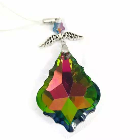 Tibetan Silver Pendant With Wing & Faceted Rainbow Crystal Jewel CellPhone Charm