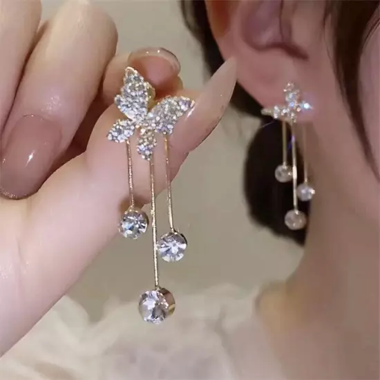 Fashion 18k Gold Plated Crystal Butterfly Tassel Earrings Women's Girl Jewelry