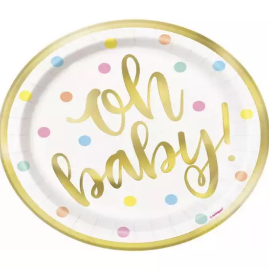 BABY SHOWER “Oh Baby” SMALL PAPER PLATES 24 Count, 7” Desert Plates Gold White