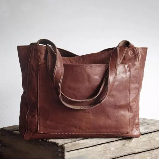 Soft Leather Tote Shoulder Bag, Waxed Leather Large Capacity Vintage Handbag Bag