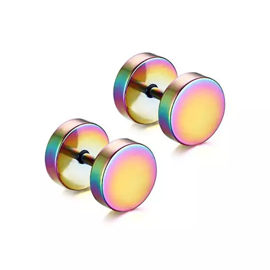 Pair Black Flat Round Barbell Plug Stud Earrings GYM MENS Stainless Steel 3-14MM