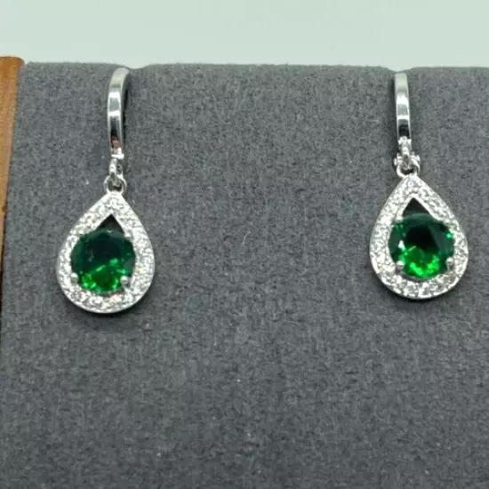 Earrings. Silver Tone Emeral Green Crystal w Clear Crystal Opal Shape Frame.