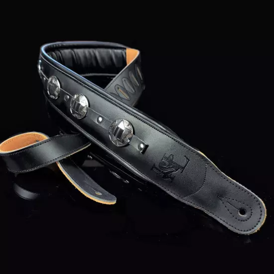 Iconic Premium Conchos 3.25" Wide Leather Padded Black Guitar or Bass Strap V.3