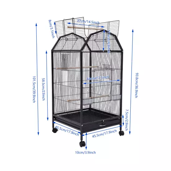 39.9'' Bird Cage Large Play Top Parrot Finch Cage Pet Supply Easy Assemble Black