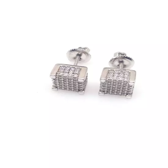 Men's 925 Sterling Silver Cz Square Cube Stud Earrings 7mm x4.5mm Screw Back