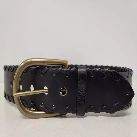 1969 Gap Jeans Wide Genuine Leather Belt Leather Laced Edges, Black, Size Medium