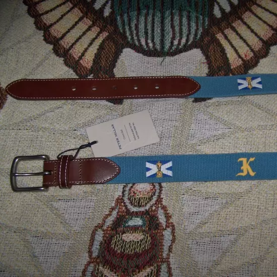 NEW PETER MILLAR Embroidered Canvas & Leather Golf Belt THE KINLOCH CLUB 34 Blue