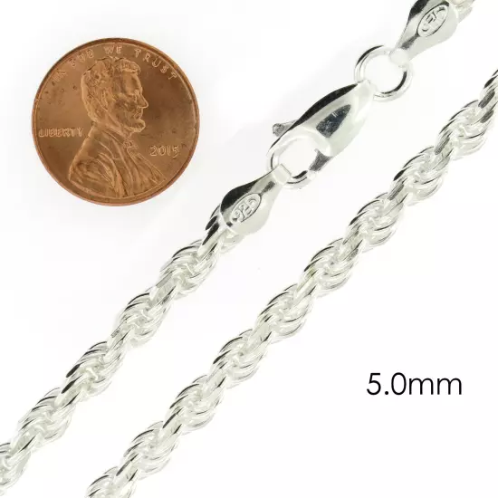 Real Solid Sterling Silver Diamond Cut Rope Chain Mens Boys Bracelet or Necklace