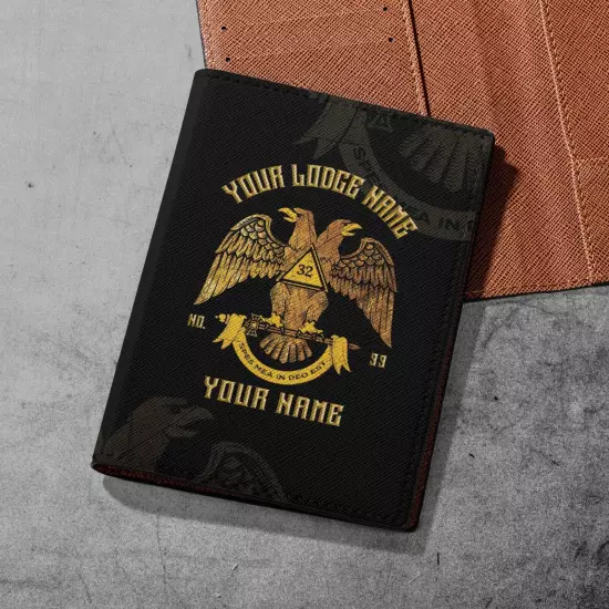 Custom Scottish Rite 32 Degree Emblem Masonic Leather Passport Holder