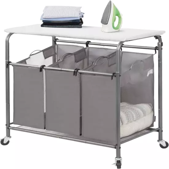 STORAGE MANIAC 3-Section Laundry Sorter with Foldable Ironing Board, Heavy-Duty