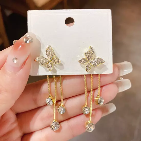 Fashion 18k Gold Plated Crystal Butterfly Tassel Earrings Women's Girl Jewelry