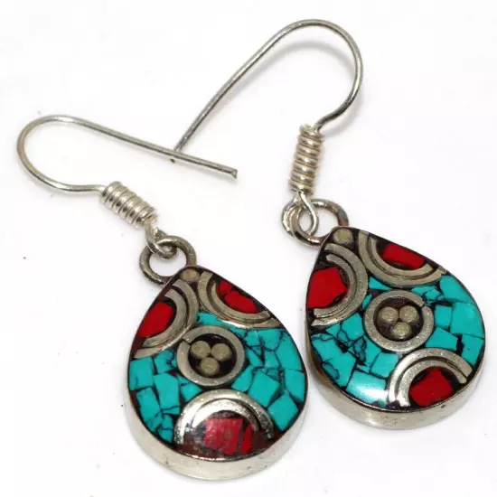 12gms Tibetan Turquoise Red Coral Ethnic Nepali Tribal Earrings Jewelry 1.5" GW