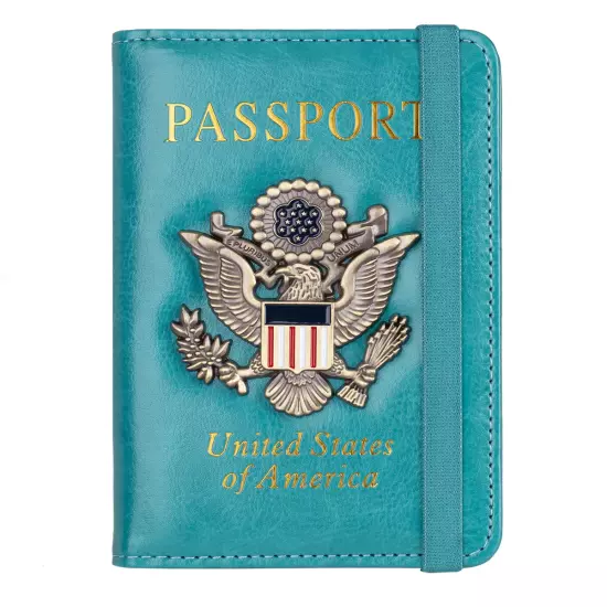 RFID Blocking Leather Passport Holder with 3D Metal Badge, Travel Document Passp