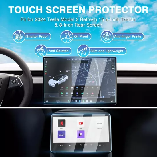 2PCS Tesla Model 3 2024 Screen Protector Tempered Glass Front& Rear Screen Saver