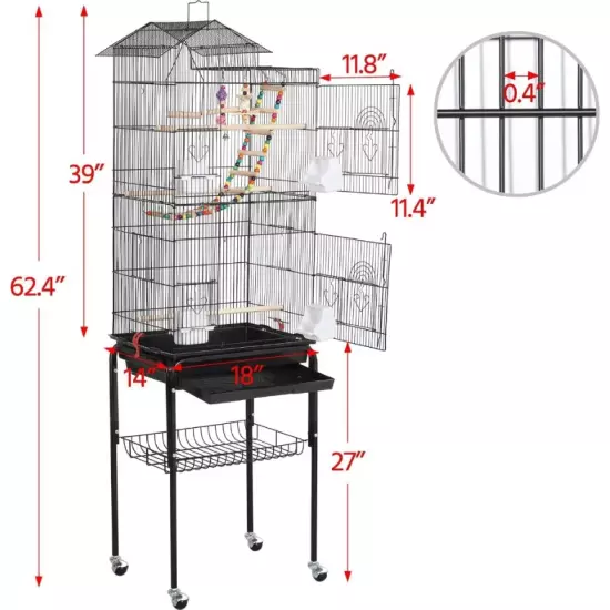 62" Large Bird Cage | Play Top Parrot Finch Cage Pet Supply Easy Assemble w/Toys