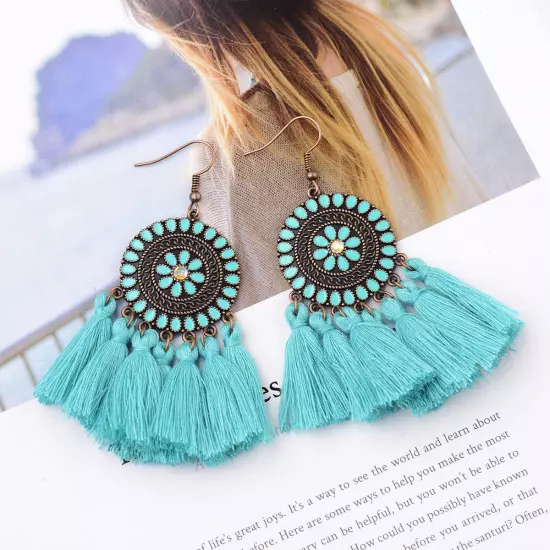 Fashion Women Bohemian Earrings Long Tassel Fringe Drop Dangle Ear Stud Jewelry