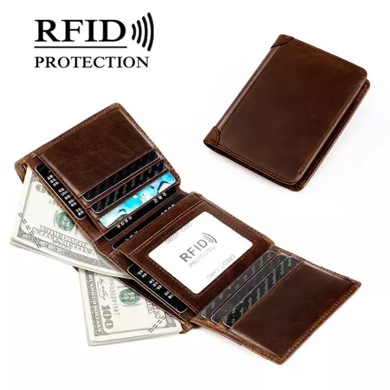 Vintage Leather Mens Slim Trifold Wallet RFID Blocking Credit Card Holder Wallet