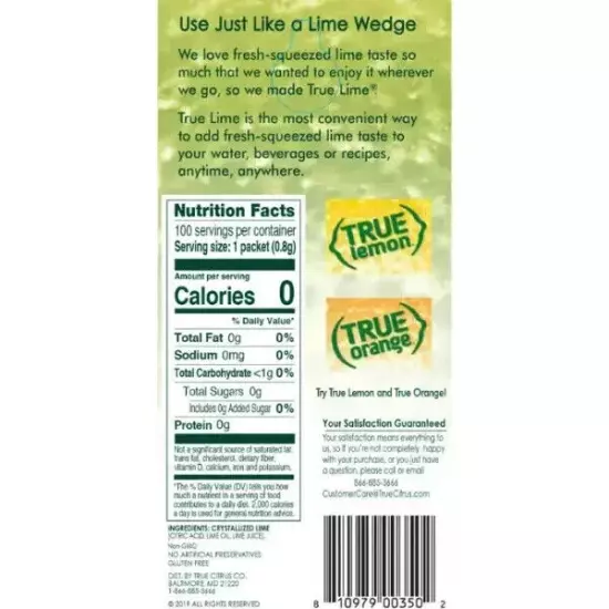 (100 Packets ) True Lime Sugar Free, On-The-Go, Caffeine Free Powdered Drink Mix