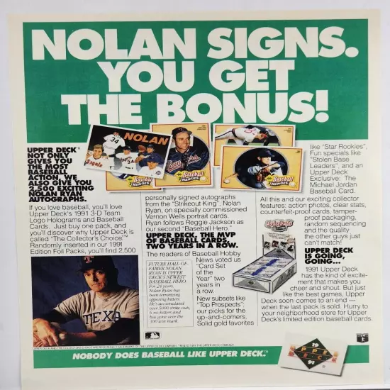 1991 Nolan Ryan Texas Rangers Upper Deck MLB Baseball Cards Vtg Print Ad 90's