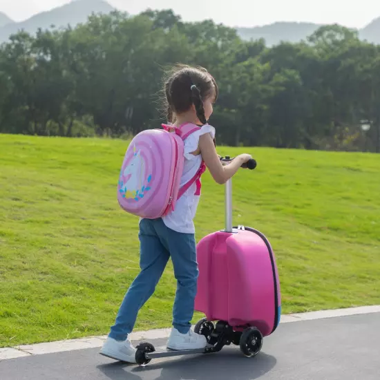 VLIVE Kids Ride on Suitcase Scooter Luggage with LED Lights and Unicorn Patterns