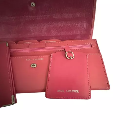 Woman’s Document Passport Travel Organizer Vintage Pink Leather Bi Fold Clutch