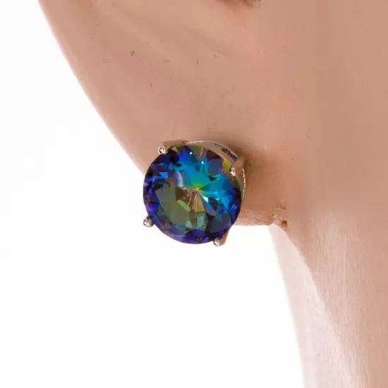 8mm Round Blue Rainbow Mystic Topaz Silver Jewelry Stud Pierced Earrings