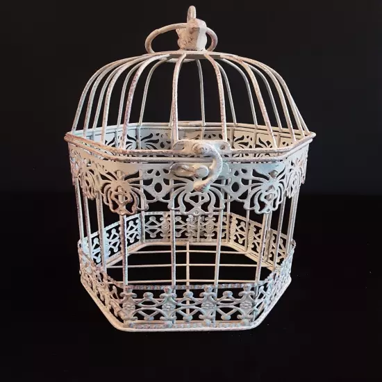 Vintage Look Metal Bird Cage Intricate Cut-Outs Bird On Top Opens At Top