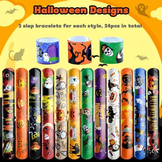 48Pcs Halloween Party Favors Slap Bracelets Rubber Assorted 