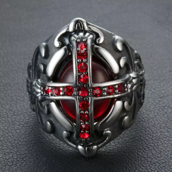 Gothic Cross Vampire Red CZ Blood Ring Stainless Steel Men Crusaders Biker Ring