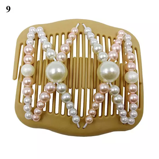 Womens Magic Slide Hair Elastic Double Beads Easy Stretchy Hair Comb Clips Pins│