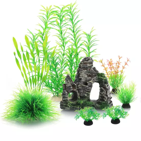 Auarium Ornaments Fish Tank Decorations Plants with Resin Cave Rock View, 6Pcs D