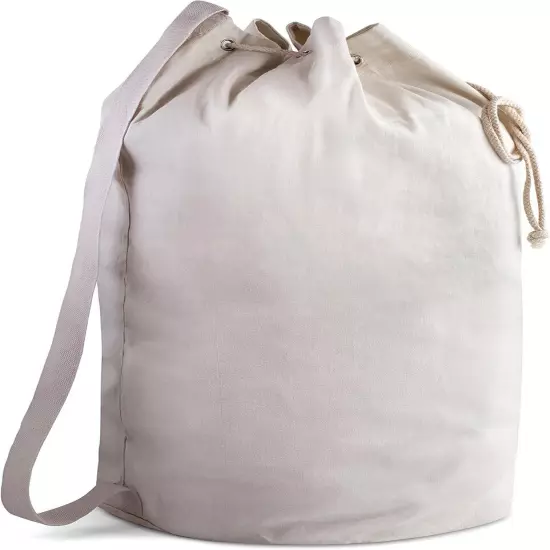 Handy Laundry Canvas Duffel Bag - Drawstring, Leather Closure, Shoulder Strap.