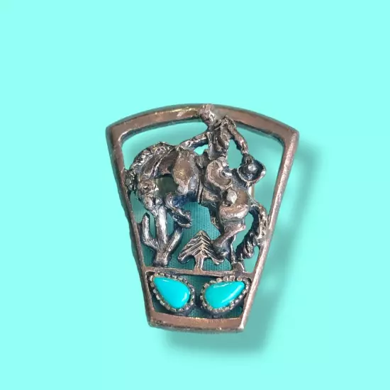 Vintage Silver Plt Blue Turquoise Glass Repousse Rodeo Bucking Bronco Bolo Tie