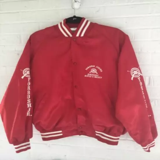 VTG FORBUSH JUNIOR RED SATIN BOMBER ARCHERY SKEET RIFLE CLUB USA JACKET MENS XL 