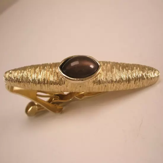 2-1/4" Gold Tone & Root Beer Brown Cabochon Vintage SWANK Tie Bar Clip