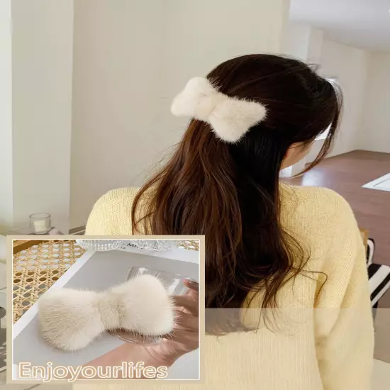 Women's Girls Cute Real Mink Fur Hair Clip Hairpin Bobby Pin Hair Claw Bowknot